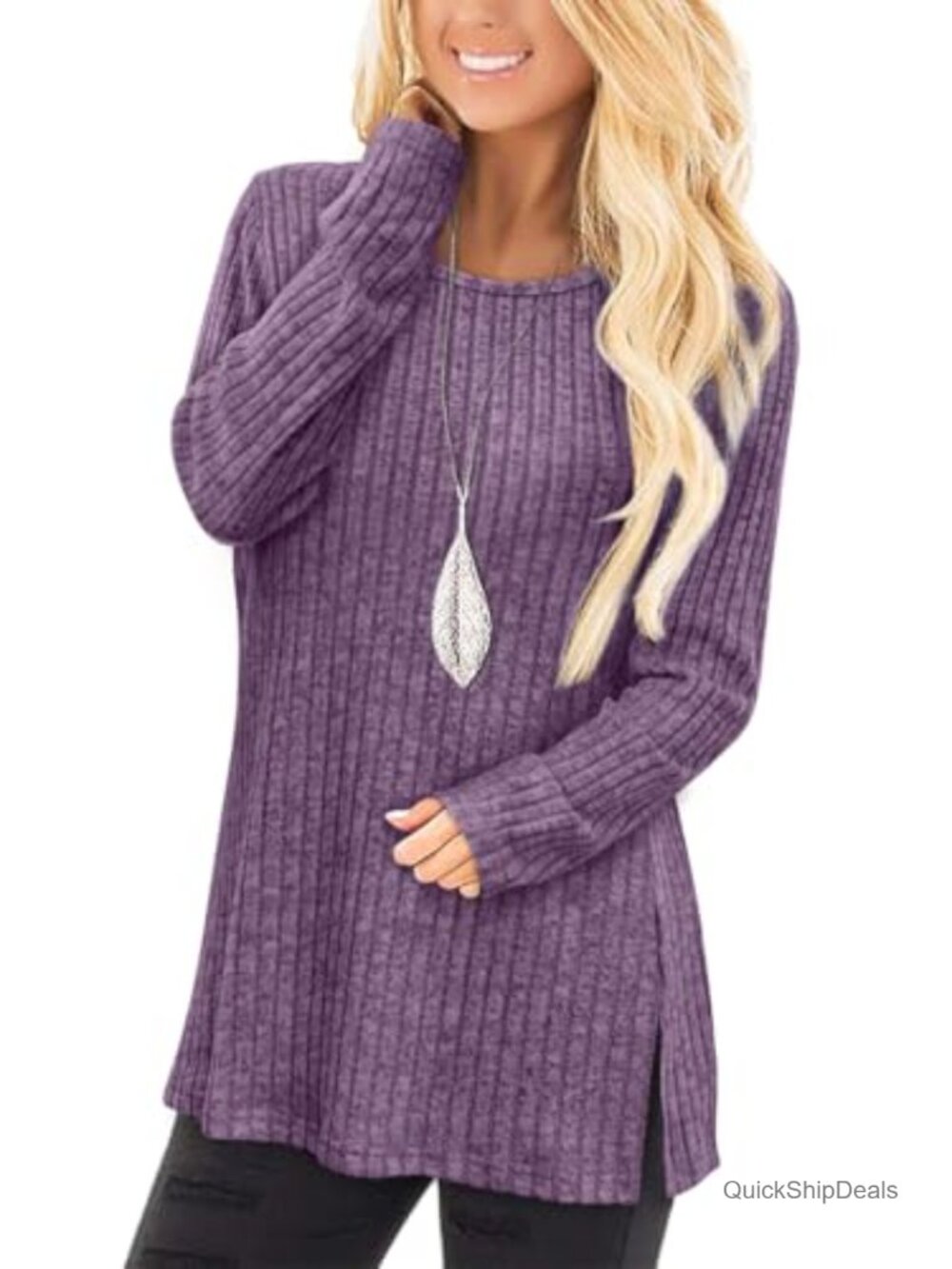 Long Sleeve Tunic Sweater Crew Neck Side Split Lightweight Fall Top